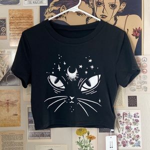 NWT Black Crop Top Magical Cat Witch Graphic Tee Shirt